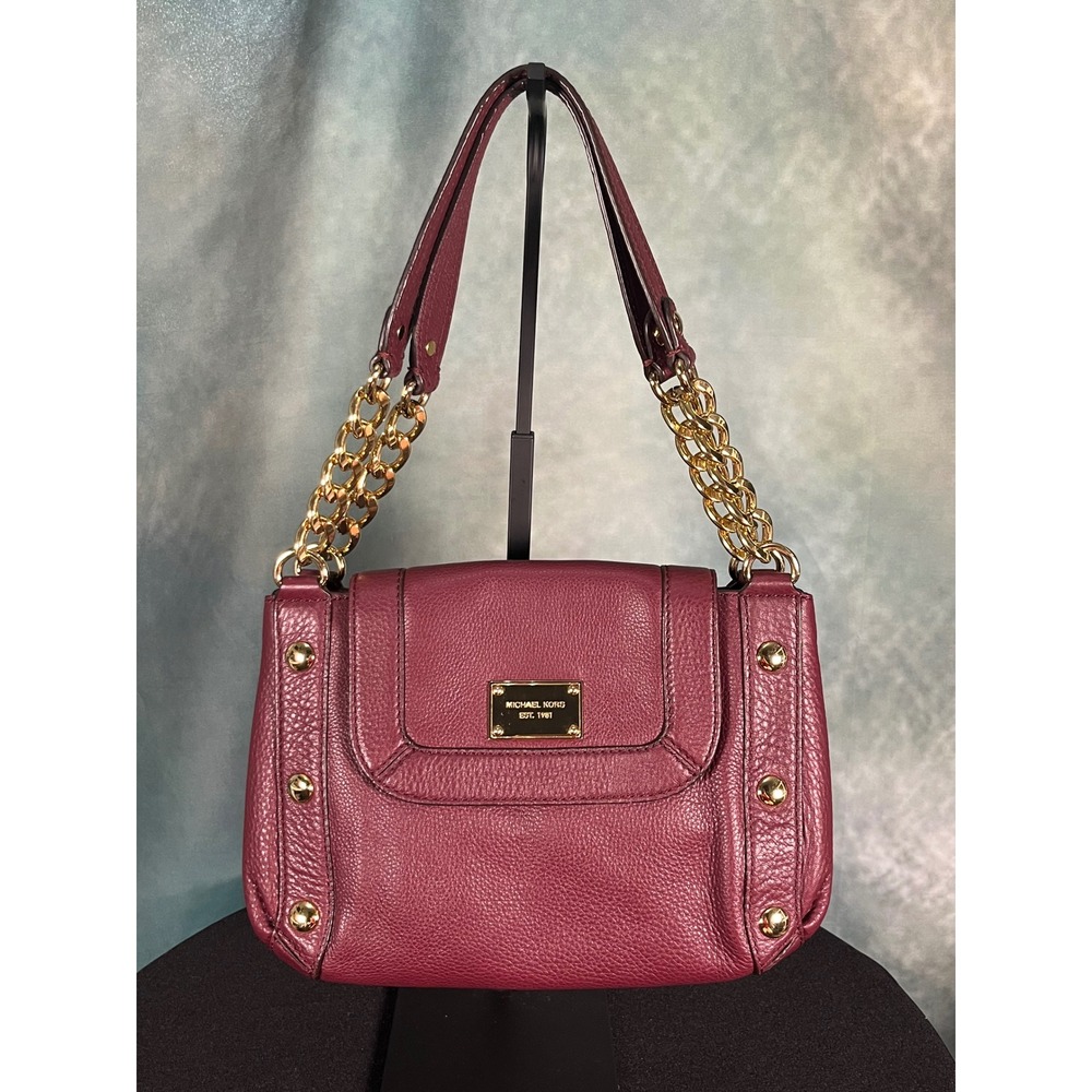 Michael Kors Burgundy Pebbled‎ Leather Shoulder Bag Gold Chain Hardware Studs